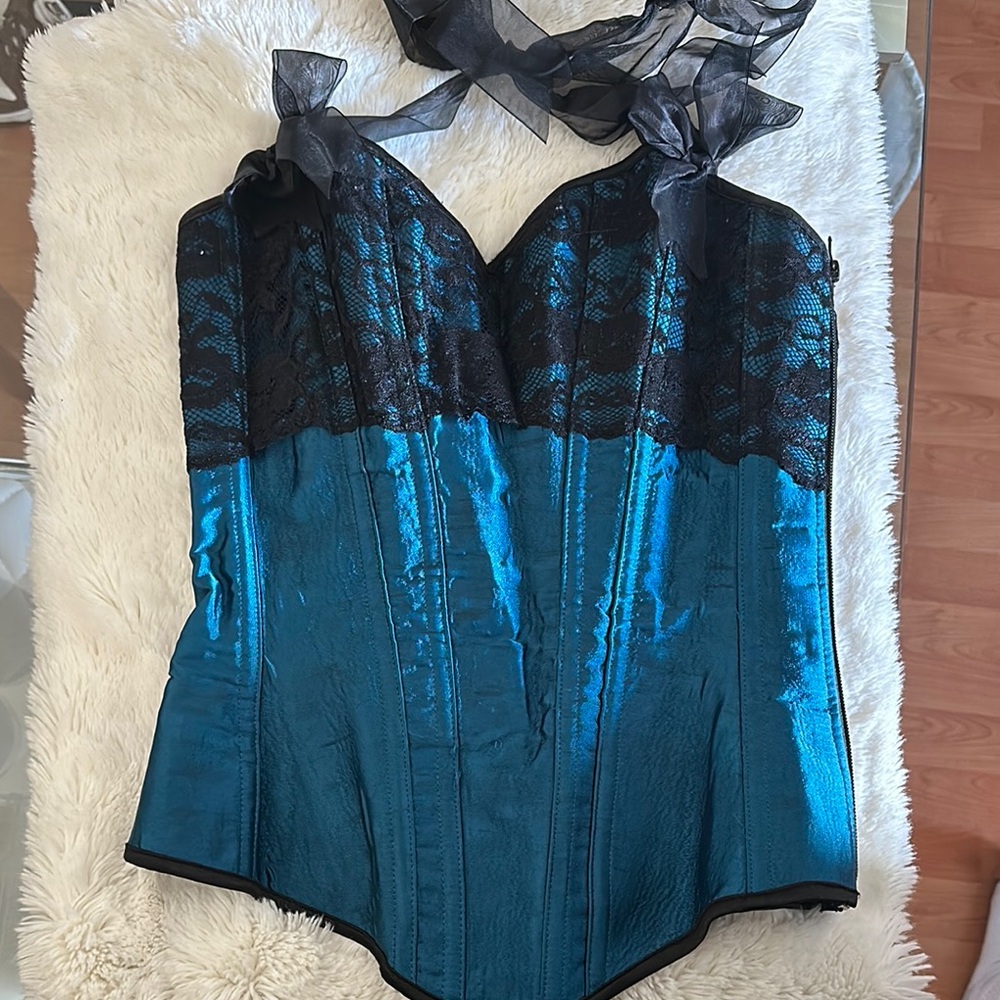 Elegant Black and Teal Lace Corset